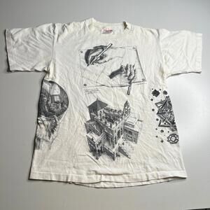 Vintage M.C. Escher Art T Shirt Soft Tee USA Made White Graphic Mens L 1991 90s